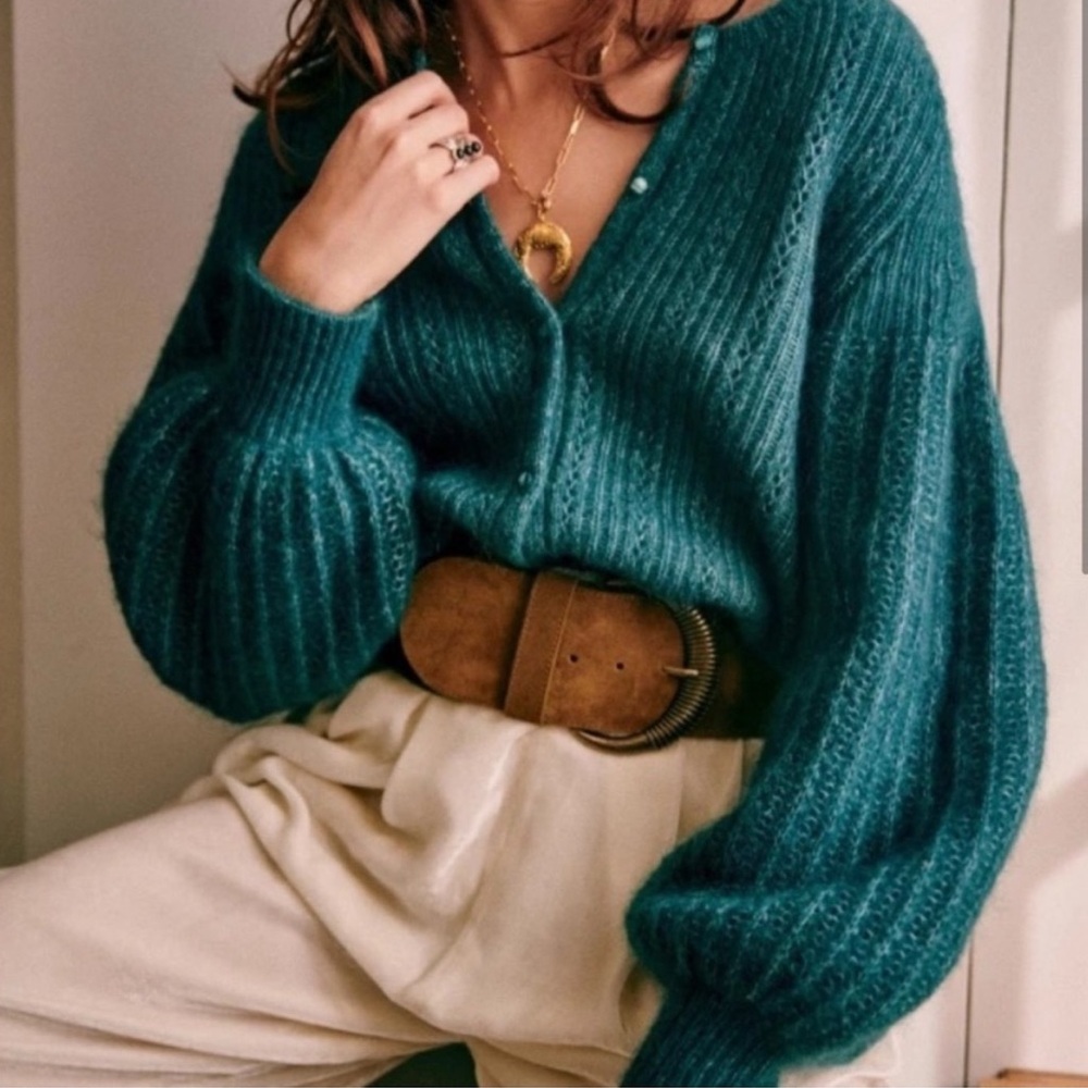 SEZANE Emerald Teal Green Mohair Wool Balloon Sleeve Alyssa Cardigan Sweater - Picture 13 of 13